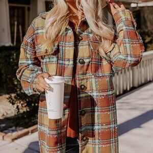 B021 Fiery Red Oversized Flap Pockets Plaid Shacket with Slits